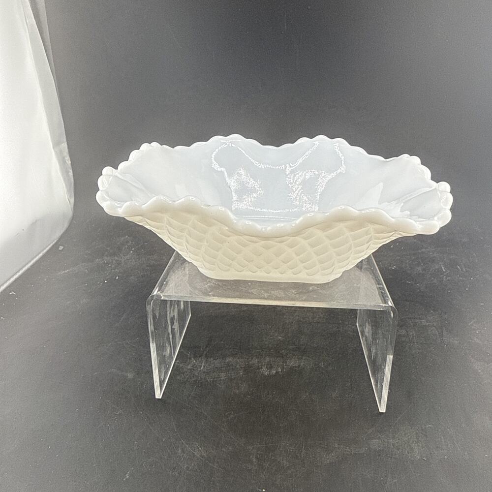 Vintage White Milk Glass Candy Dish Ruffled Edge Diamond Pattern Square Bowl MCM